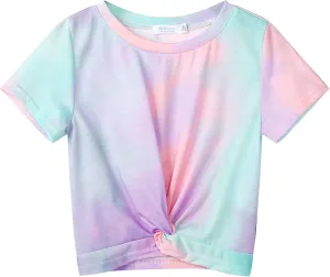 Arshiner Girls Casual Tie Dye Short-Sleeve T-Shirt Cute Print Summer Blouse for Girls Twist Front Tunic Tee Tops