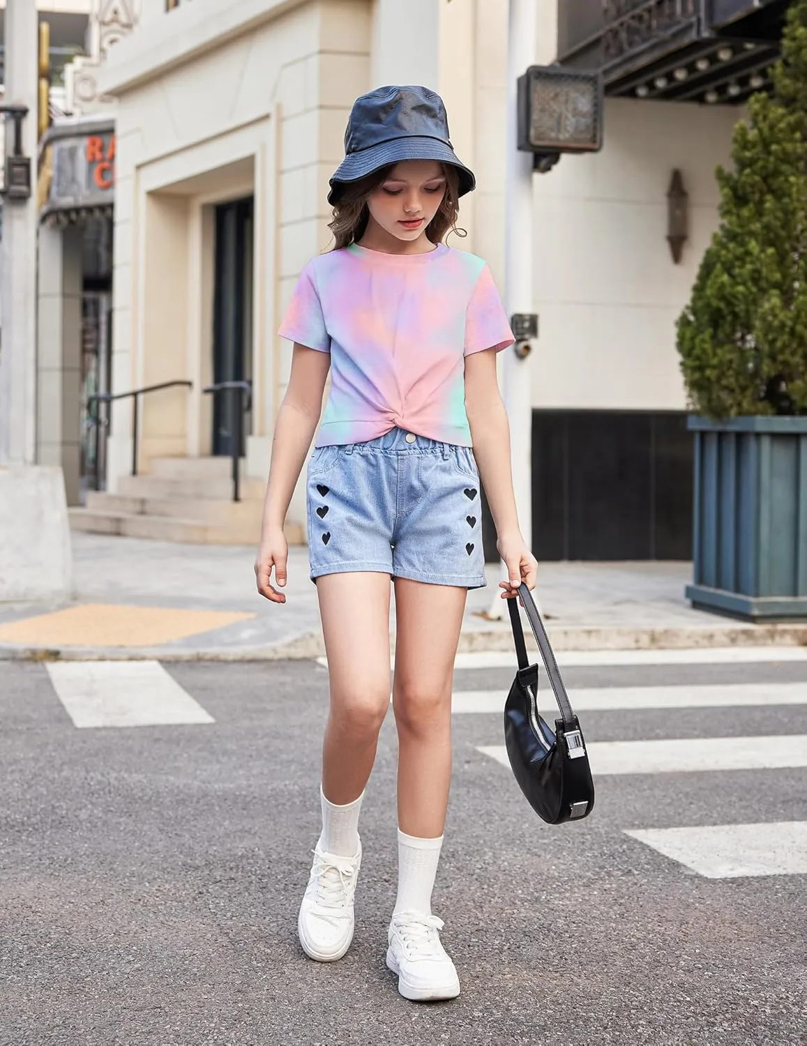 Arshiner Girls Casual Tie Dye Short-Sleeve T-Shirt Cute Print Summer Blouse for Girls Twist Front Tunic Tee Tops