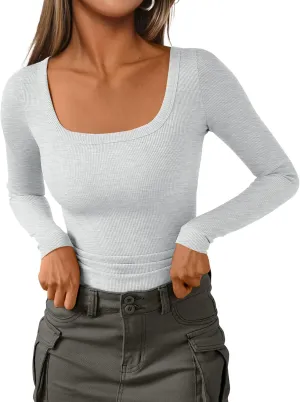 AUTOMET Womens Long Sleeve Shirts Square Neck Tops Ribbed Knit Fitted Casual Basic Tees Slim Fit Fall Outfits Fashion Clothes