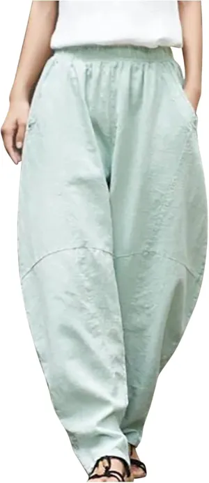 Baggy Pants for Women 2025 Summer Cotton Linen Wide Leg Pants Casual Loose Fit Elastic Waist Pull On Trousers