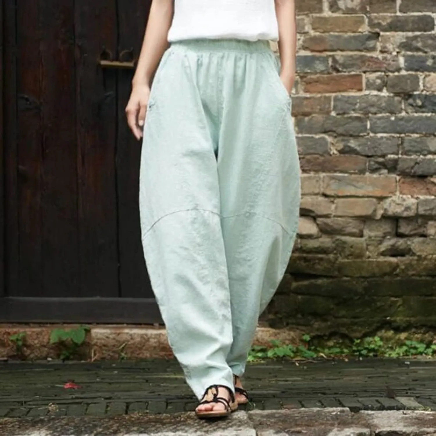 Baggy Pants for Women 2025 Summer Cotton Linen Wide Leg Pants Casual Loose Fit Elastic Waist Pull On Trousers