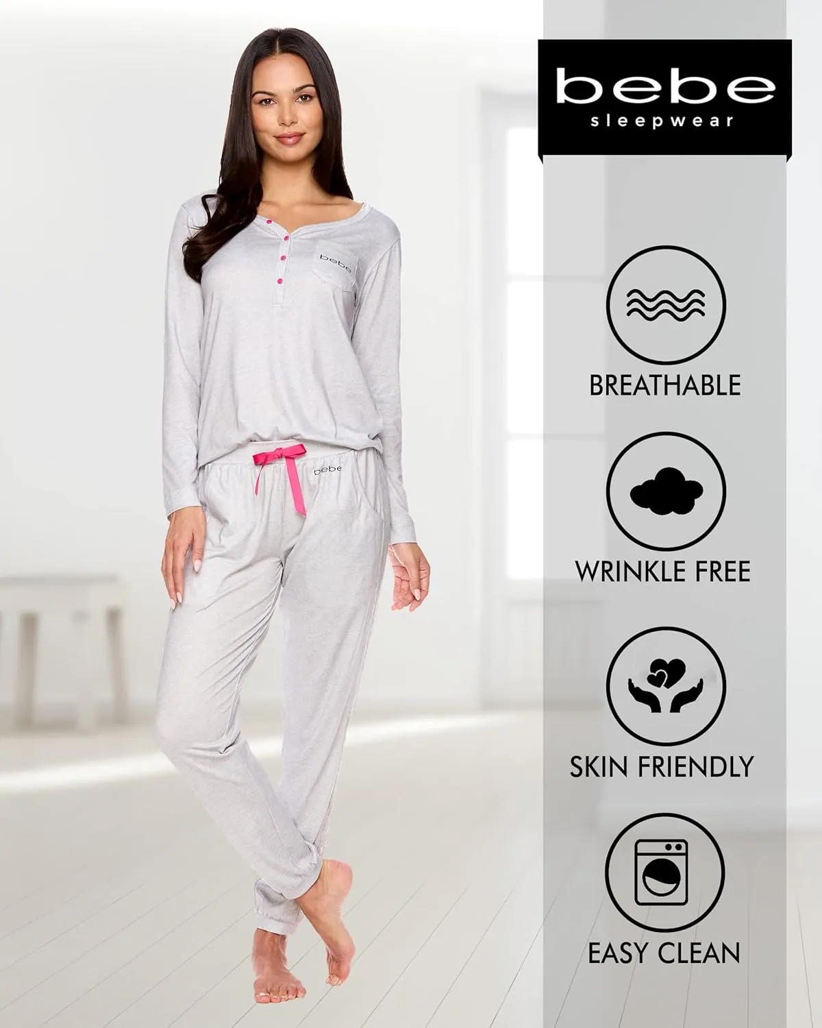 bebe Womens Pajama Set with Pockets - Long Sleeve Shirt and Pajama Pants Pj Set