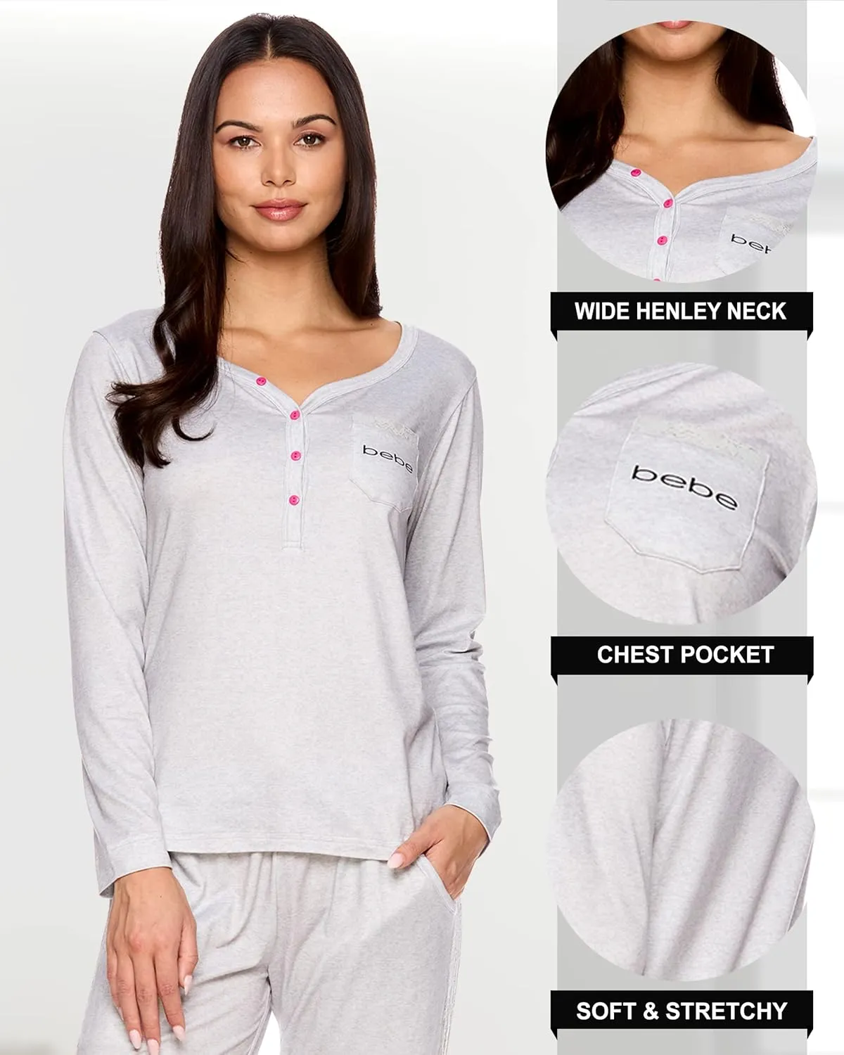 bebe Womens Pajama Set with Pockets - Long Sleeve Shirt and Pajama Pants Pj Set