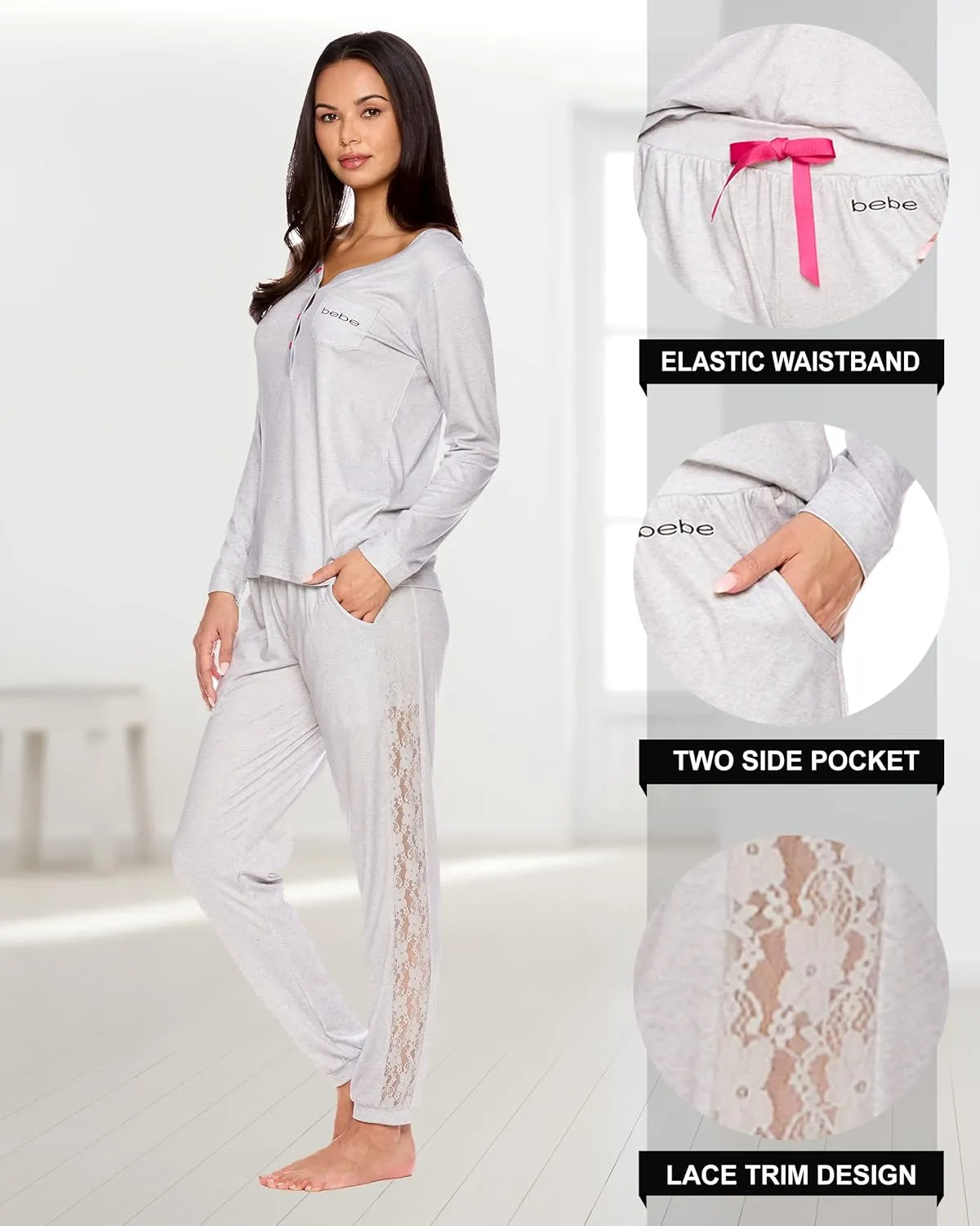 bebe Womens Pajama Set with Pockets - Long Sleeve Shirt and Pajama Pants Pj Set