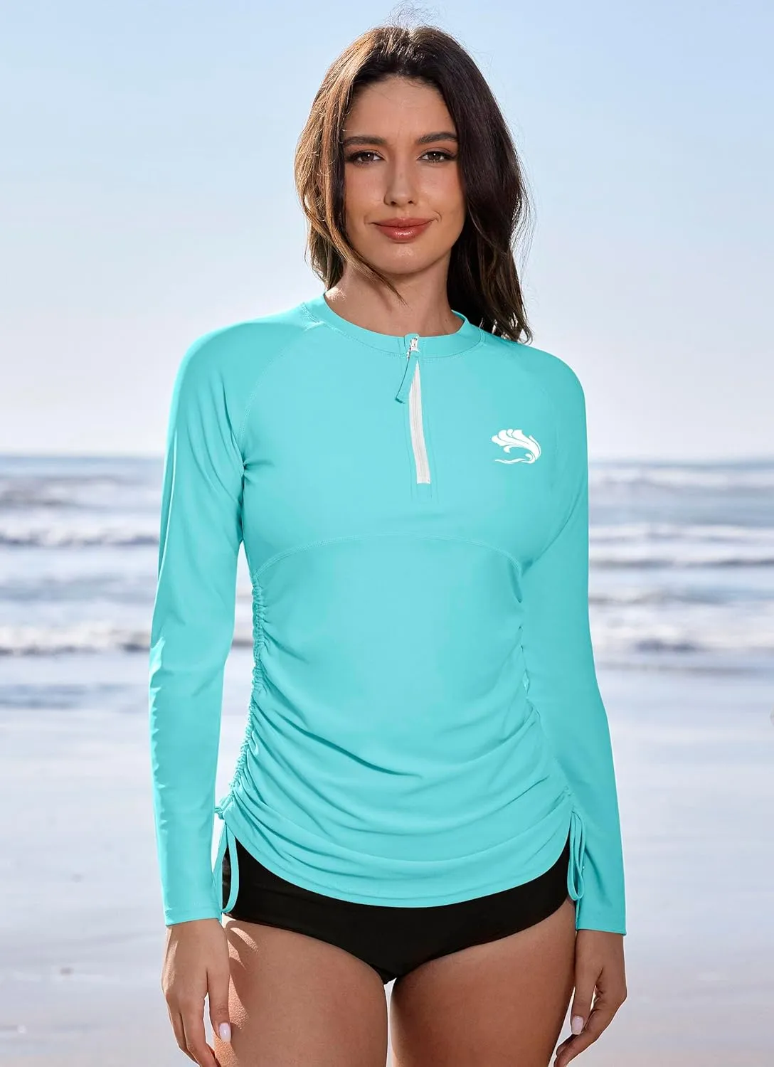 BesserBay Women's UPF 50  UV Sun Protection Rash Guard Shirt Half Zip Long Sleeve Ruched Tie Side Swim Top Swim Shirt