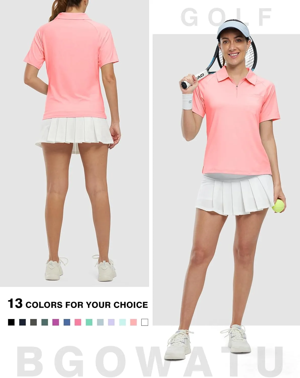 BGOWATU Women's Short Sleeve Golf Polo Shirts 1/4 Zip Tennis Tops Collared T-Shirts UV Protection Quick Dry