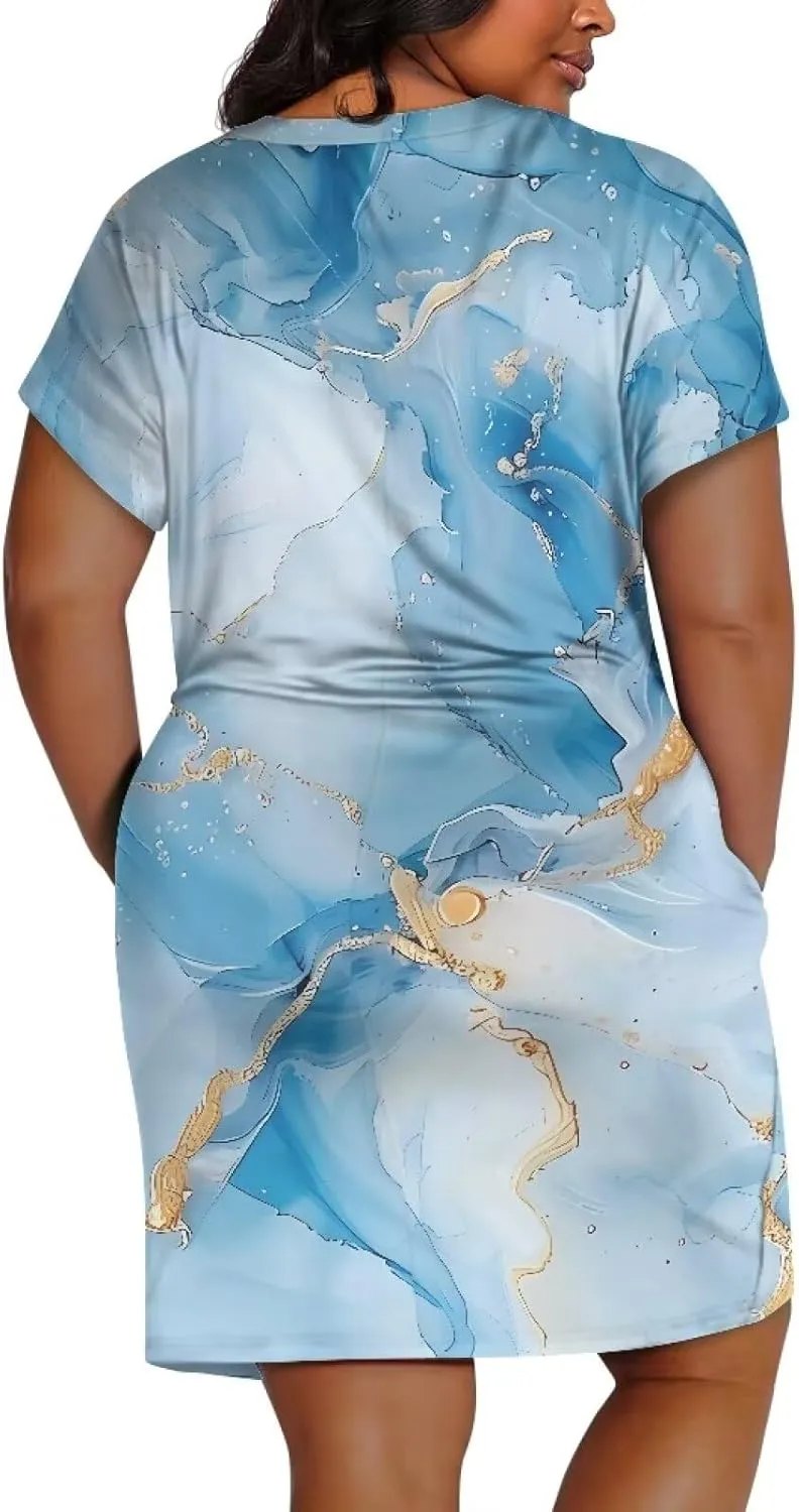 Biyejit Womens Plus Size Short Sleeve V Neck T-Shirt Dress with Pockets Casual Loose T-Shirt Dress for Beach Vacation
