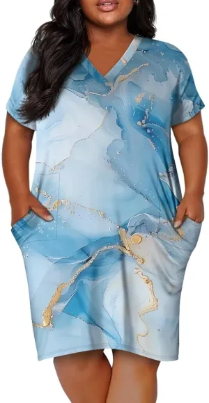 Biyejit Womens Plus Size Short Sleeve V Neck T-Shirt Dress with Pockets Casual Loose T-Shirt Dress for Beach Vacation