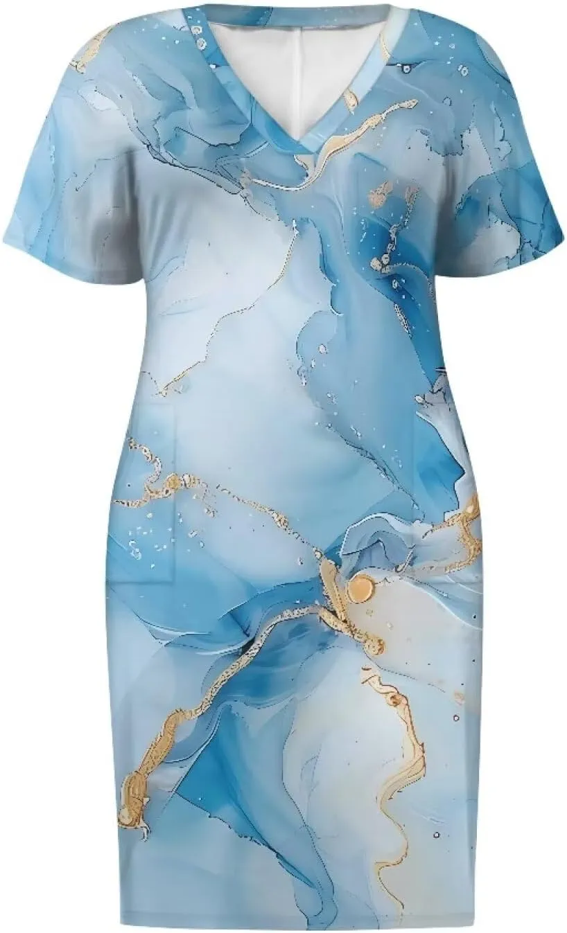 Biyejit Womens Plus Size Short Sleeve V Neck T-Shirt Dress with Pockets Casual Loose T-Shirt Dress for Beach Vacation