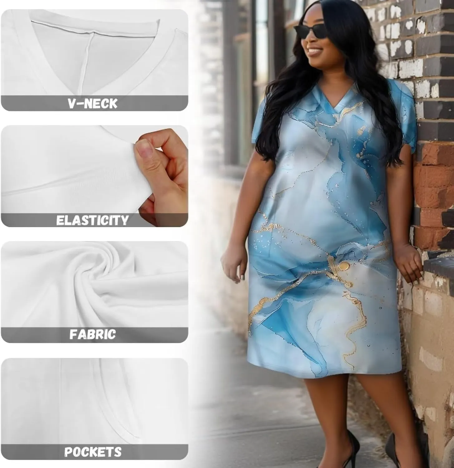 Biyejit Womens Plus Size Short Sleeve V Neck T-Shirt Dress with Pockets Casual Loose T-Shirt Dress for Beach Vacation