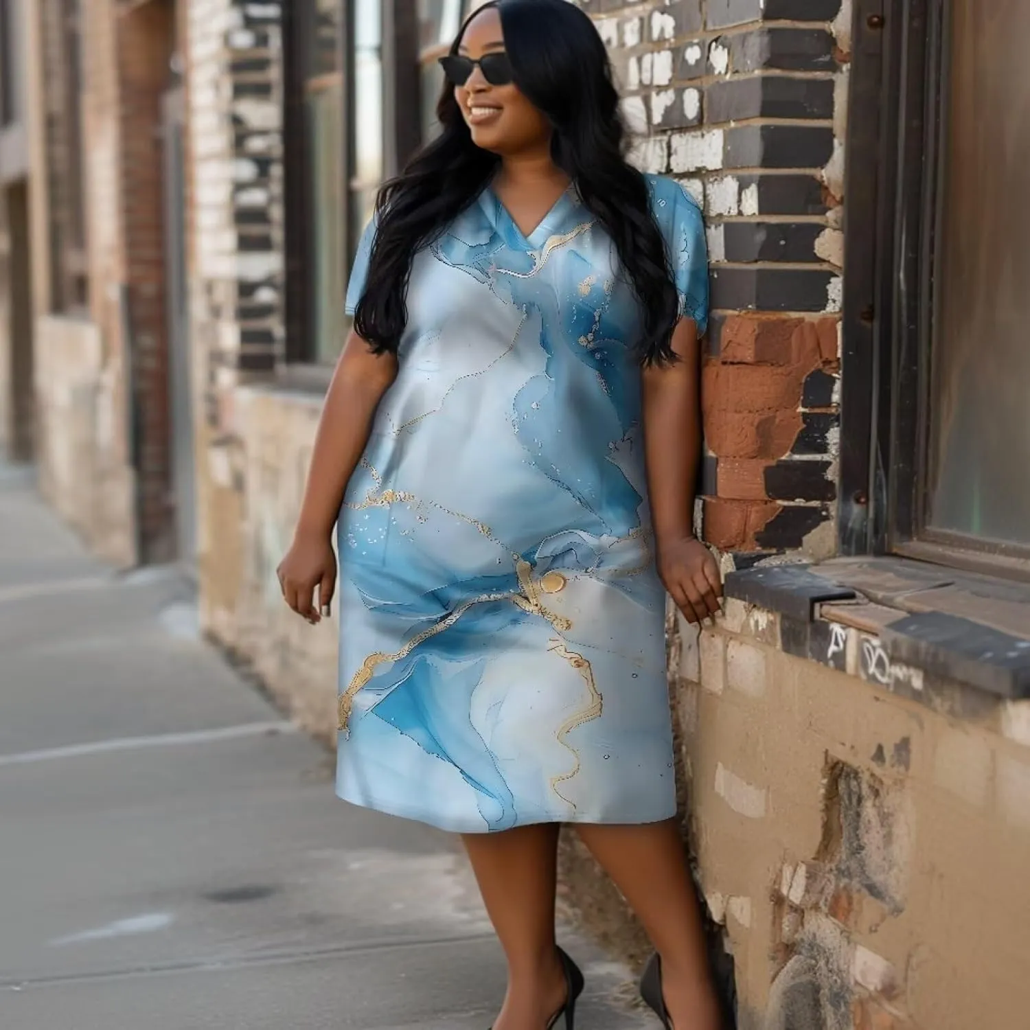 Biyejit Womens Plus Size Short Sleeve V Neck T-Shirt Dress with Pockets Casual Loose T-Shirt Dress for Beach Vacation