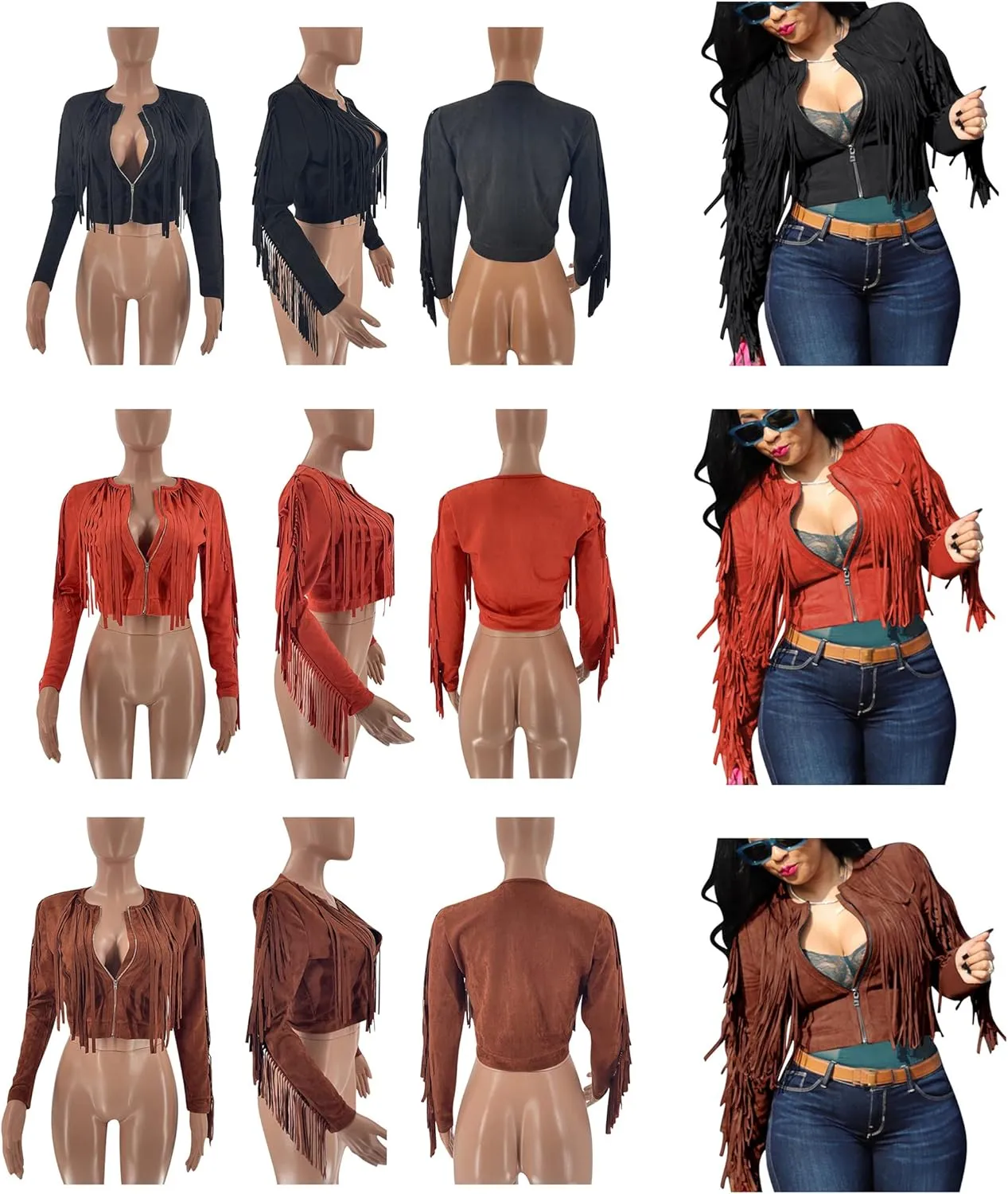 Bluewolfsea Women Lightweight Jackets Long Sleeve Zip Up Faux Suede Tassels Fringe Cropped Jacket Coat