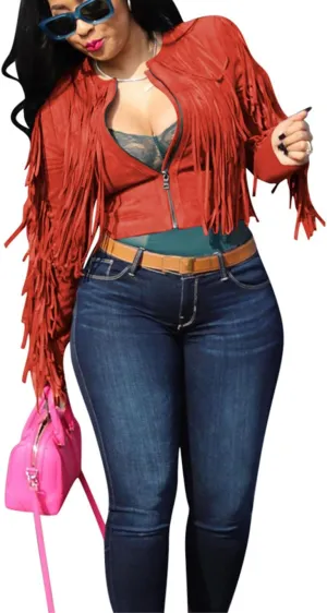 Bluewolfsea Women Lightweight Jackets Long Sleeve Zip Up Faux Suede Tassels Fringe Cropped Jacket Coat