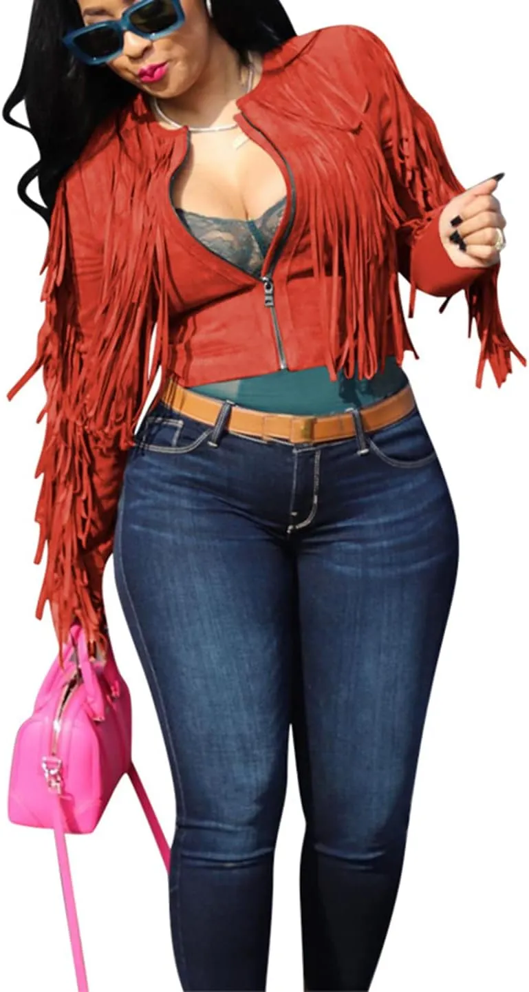 Bluewolfsea Women Lightweight Jackets Long Sleeve Zip Up Faux Suede Tassels Fringe Cropped Jacket Coat