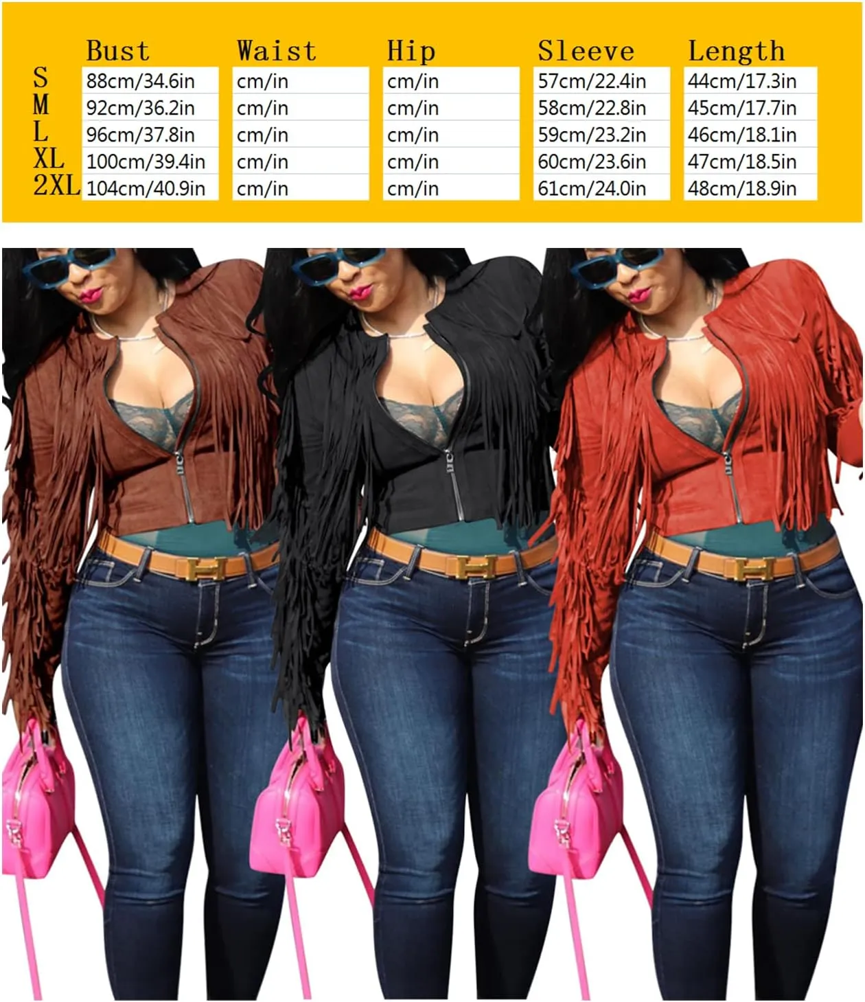 Bluewolfsea Women Lightweight Jackets Long Sleeve Zip Up Faux Suede Tassels Fringe Cropped Jacket Coat