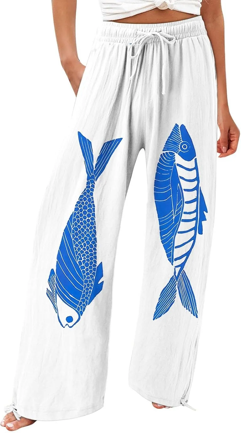 Boho Pants for Women 2025 Women Elastic High Waisted Palazzo Pants Wide Leg Long Lounge Pant Trousers with Pocket