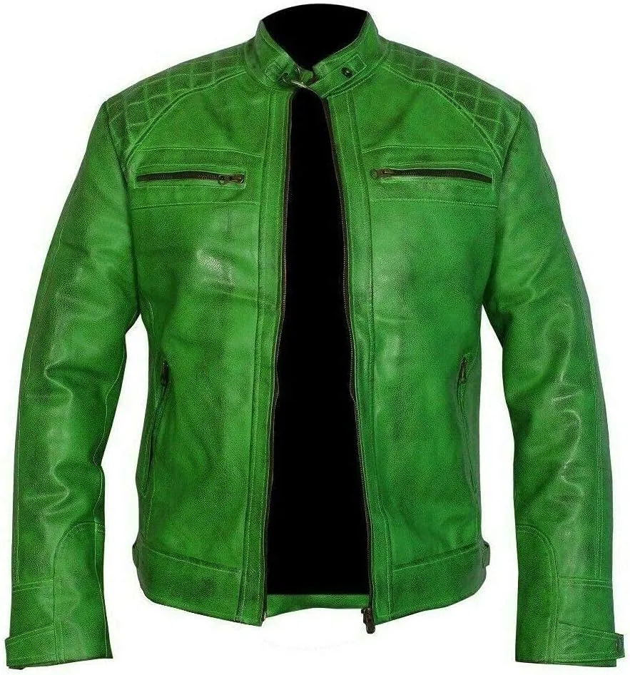 Brown Biker Leather Jacket Men - Real Lambskin Leather Cafe Racer Distressed Motorcycle Jacket