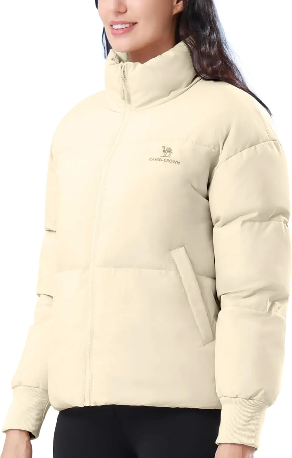 CAMELSPORTS Women's Winter Quilted Puffer Jacket Stand Collar Zip Coat Cropped Pockets Baggy Windproof Warm Parka