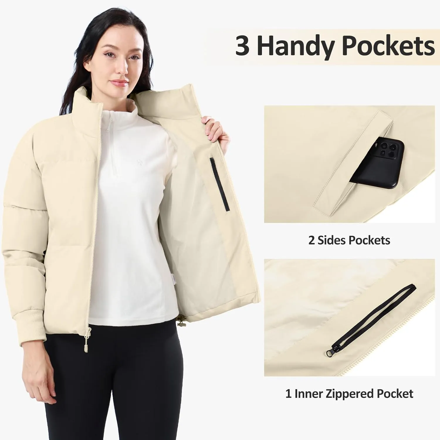 CAMELSPORTS Women's Winter Quilted Puffer Jacket Stand Collar Zip Coat Cropped Pockets Baggy Windproof Warm Parka