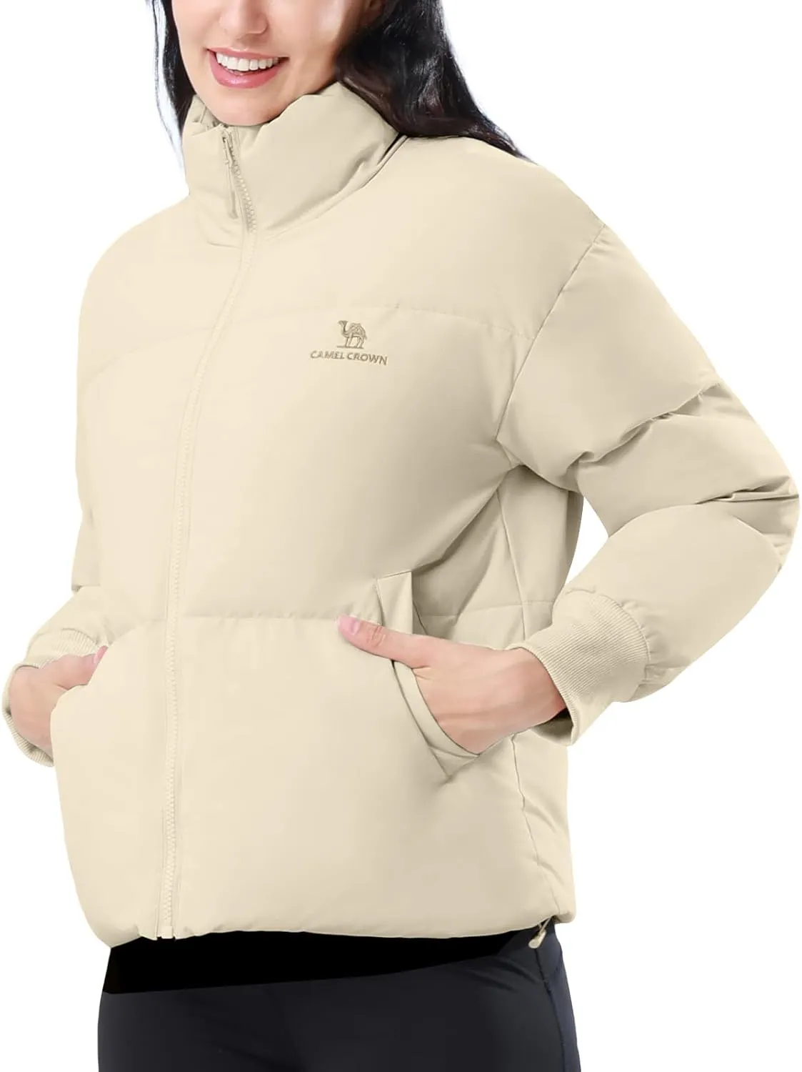 CAMELSPORTS Women's Winter Quilted Puffer Jacket Stand Collar Zip Coat Cropped Pockets Baggy Windproof Warm Parka