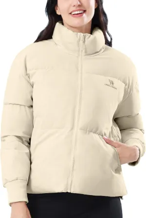 CAMELSPORTS Women's Winter Quilted Puffer Jacket Stand Collar Zip Coat Cropped Pockets Baggy Windproof Warm Parka