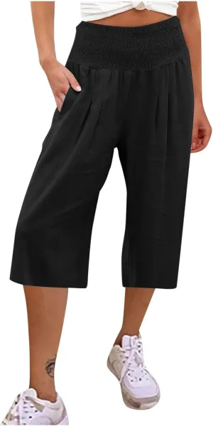 Capri Pants for Women Cotton Linen Summer Casual Wide Leg Capris Smocked High Waist Cropped Trousers with Pockets