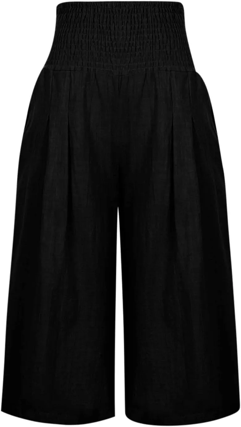 Capri Pants for Women Cotton Linen Summer Casual Wide Leg Capris Smocked High Waist Cropped Trousers with Pockets
