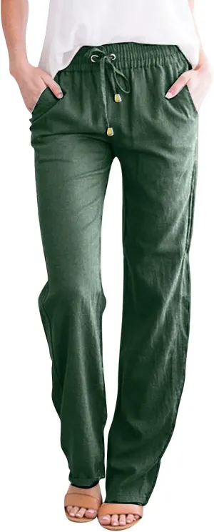 Capris Pants for Women 2025 Summer Wide Leg Linen Pants Tie Belt Elastic Waist Beach Cropped Trousers with Pockets