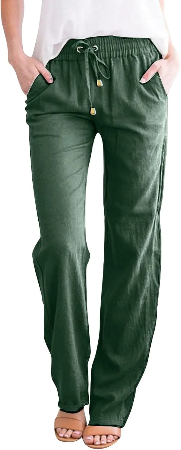 Capris Pants for Women 2025 Summer Wide Leg Linen Pants Tie Belt Elastic Waist Beach Cropped Trousers with Pockets