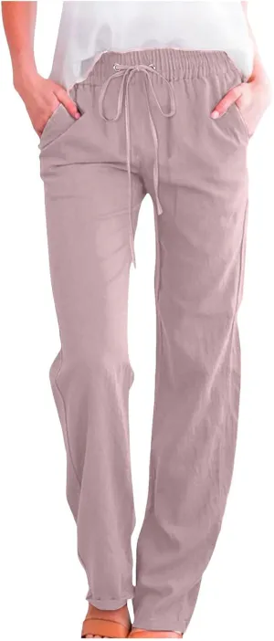 Casual Wide Leg Pants for Women Loose Fit Solid Color High Waisted Pant Drawstring Elastic Waist Trouser with Pockets