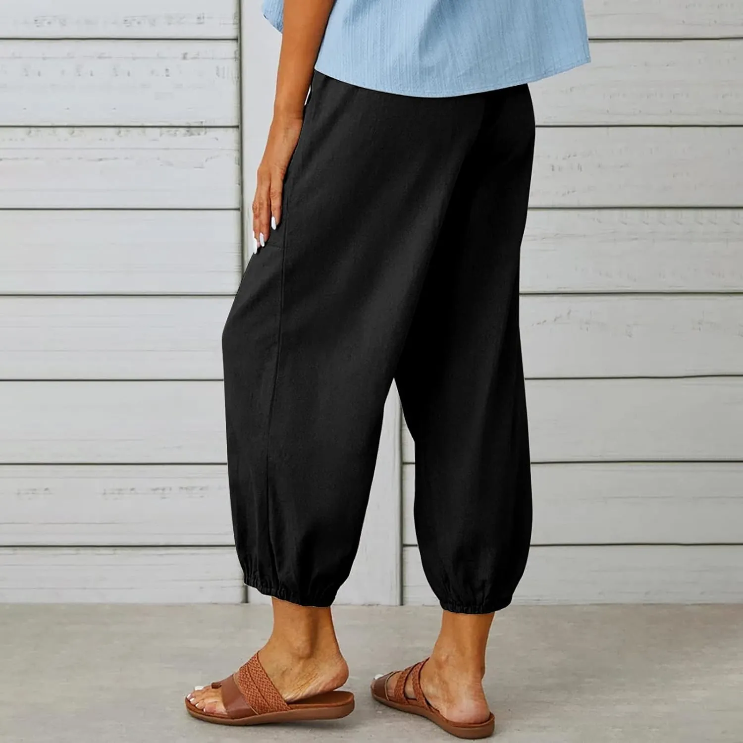Ceboyel Women's Cotton Linen Lantern Tapered Pants Drawstring Baggy Harem Pants Summer Pants Casual Lounge Trousers 2023
