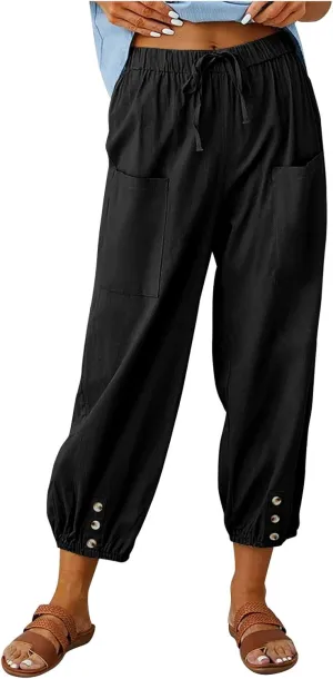 Ceboyel Women's Cotton Linen Lantern Tapered Pants Drawstring Baggy Harem Pants Summer Pants Casual Lounge Trousers 2023