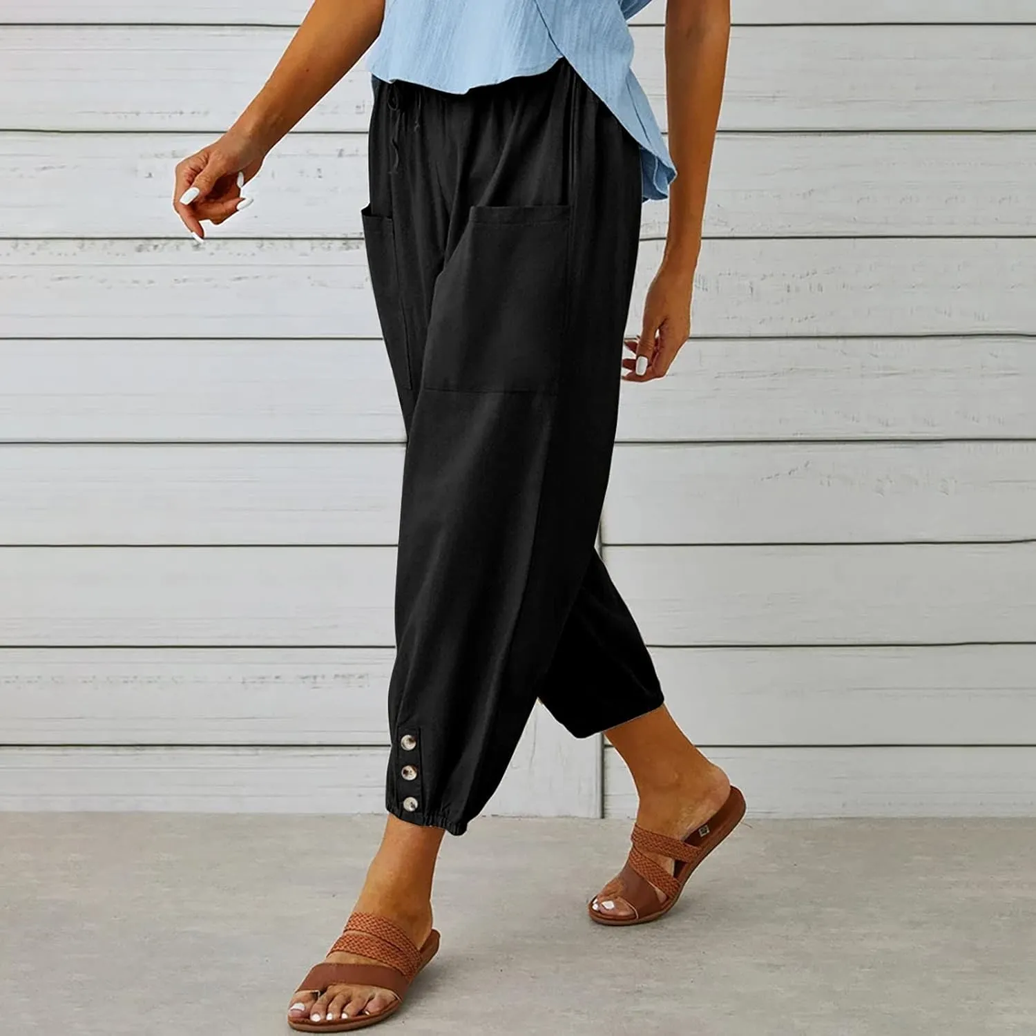 Ceboyel Women's Cotton Linen Lantern Tapered Pants Drawstring Baggy Harem Pants Summer Pants Casual Lounge Trousers 2023