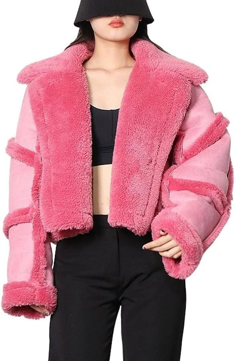 CHARTOU Women's Thicken Faux Suede Sherpa-Lined Patchwork Crop Moto Jacket Outwear
