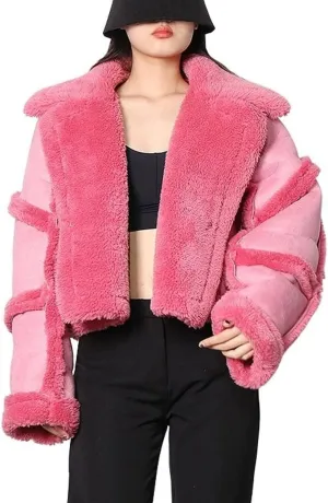 CHARTOU Women's Thicken Faux Suede Sherpa-Lined Patchwork Crop Moto Jacket Outwear