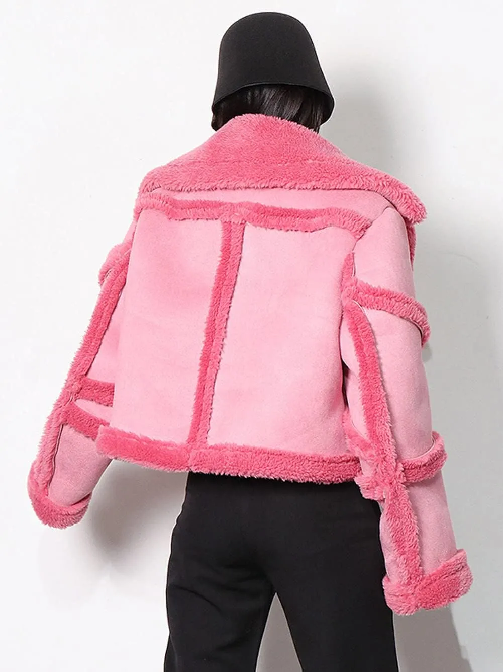 CHARTOU Women's Thicken Faux Suede Sherpa-Lined Patchwork Crop Moto Jacket Outwear