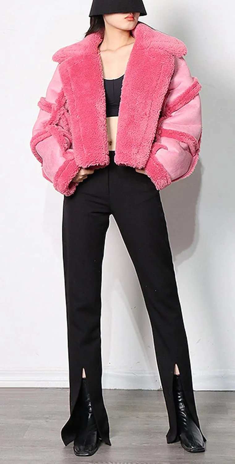 CHARTOU Women's Thicken Faux Suede Sherpa-Lined Patchwork Crop Moto Jacket Outwear