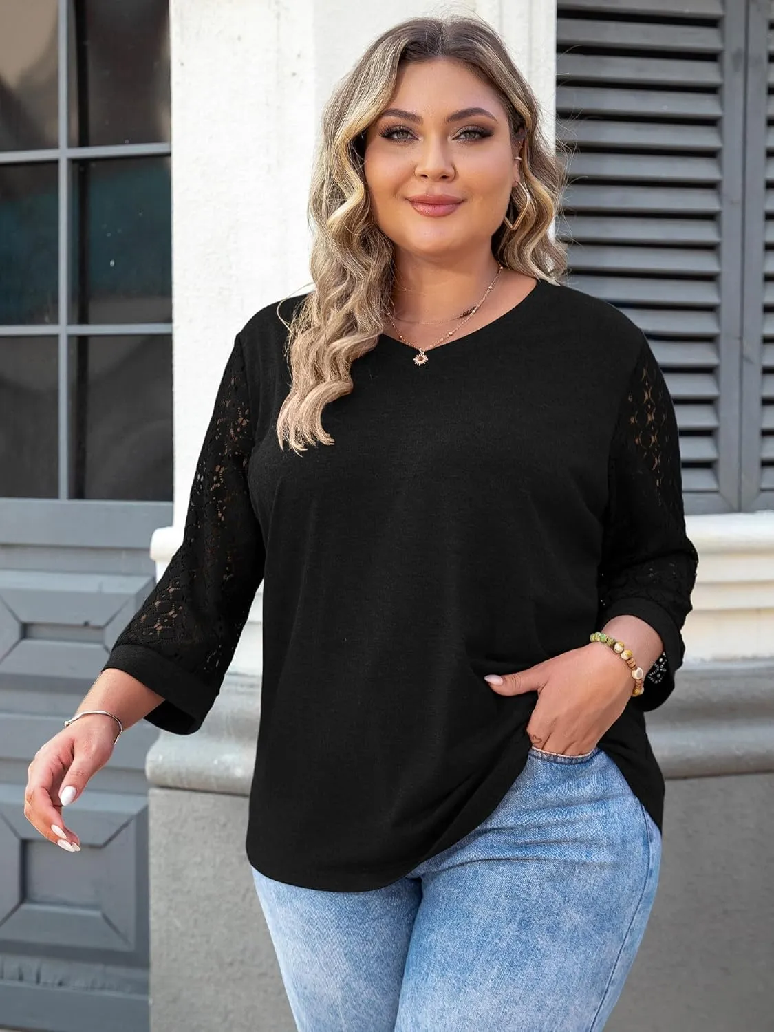 Chulianyouhuo Plus Size Tops for Women 3/4 Lace Sleeve V Neck Tee Shirt Summer Casual Loose Fit Tunic Blouse 2025
