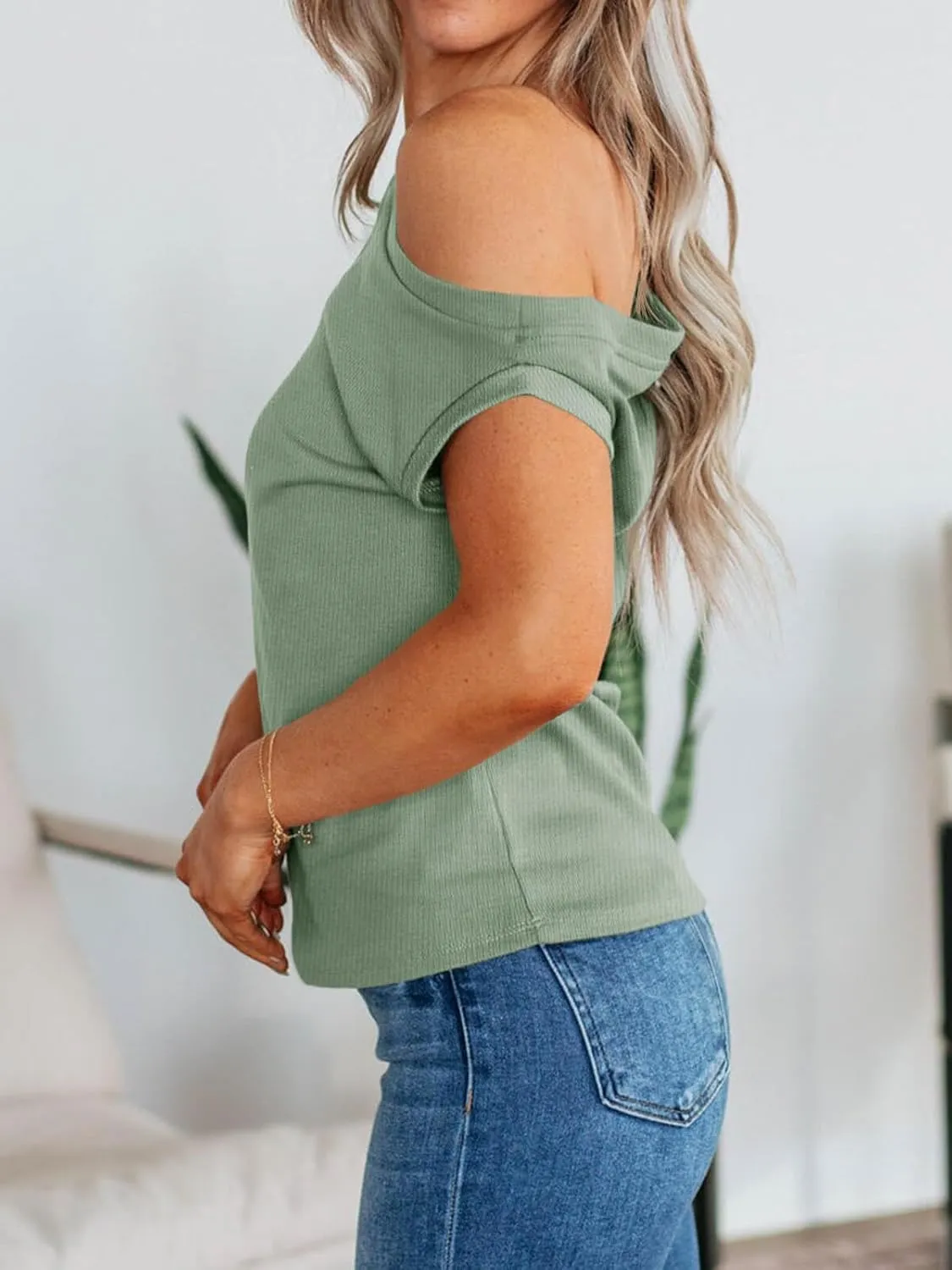 Cicy Bell Womens Off One Shoulder Tops Summer Ribbed Knit Tank Tops Trendy Casual Loose Fit Sleeveless Tee Shirts