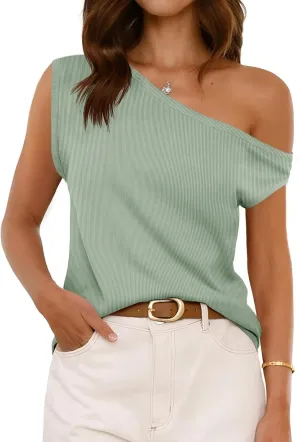 Cicy Bell Womens Off One Shoulder Tops Summer Ribbed Knit Tank Tops Trendy Casual Loose Fit Sleeveless Tee Shirts