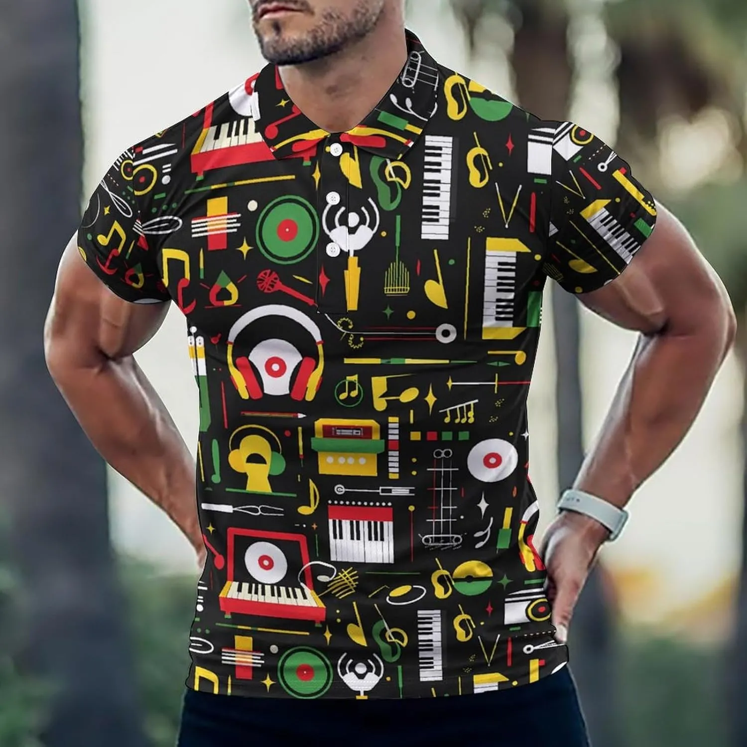 Colorful Music Club Dj Mens Polo Shirts Quick Dry Short Sleeve Golf Slim Fit T Shirt