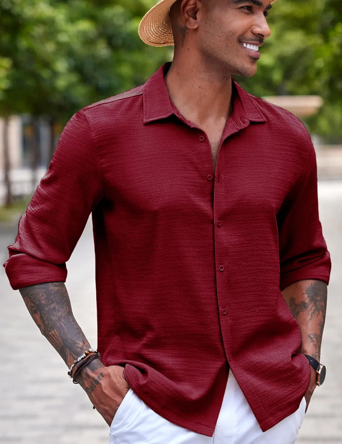 COOFANDY Men's Casual Long Sleeve Button Down Shirt Textured Wrinkle-Free Untucked Shirts