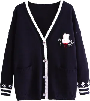 CORIRESHA Cute Rabbit Embroidered Cardigan Sweater Patchwork Button Knit Outwear with Pockets