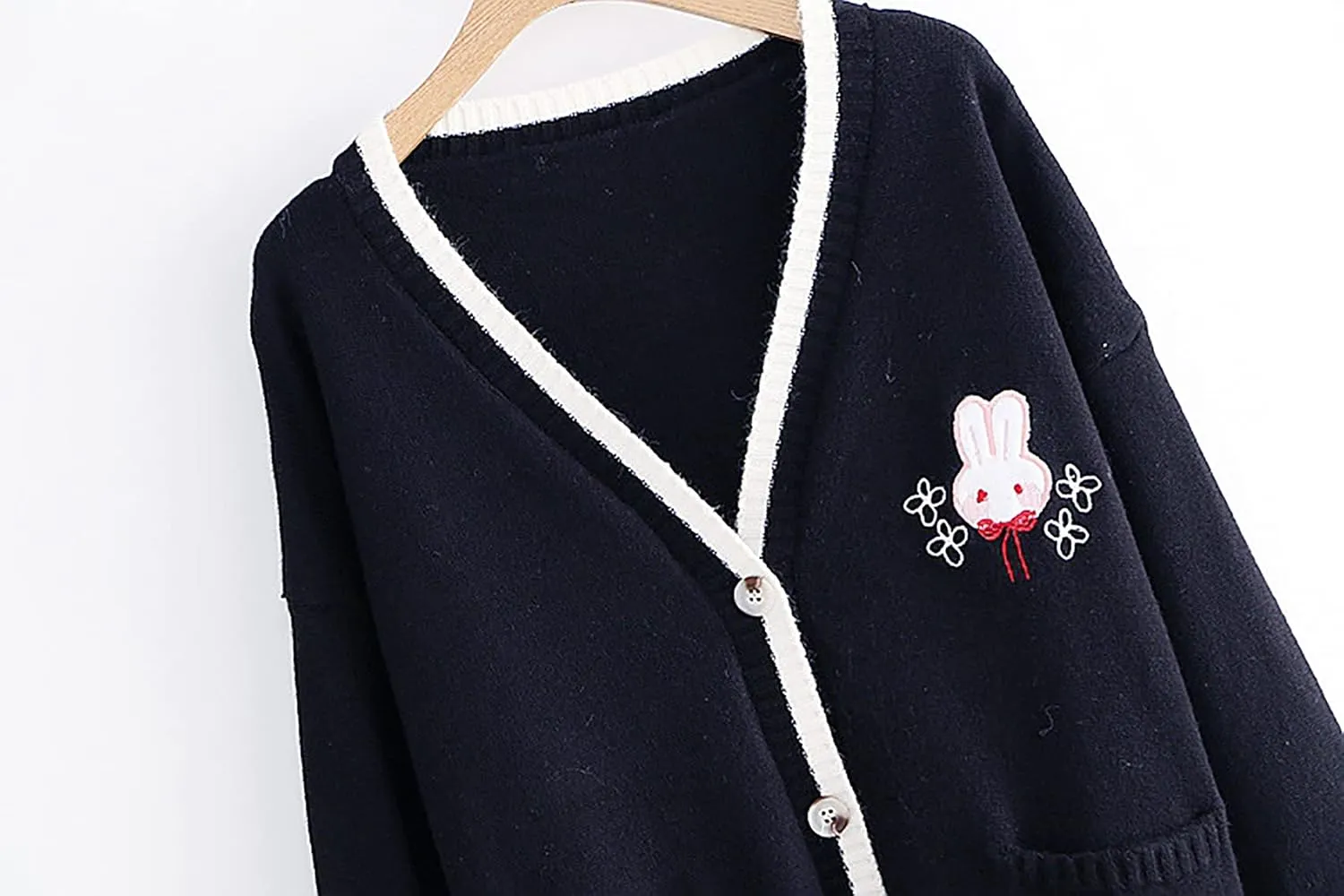 CORIRESHA Cute Rabbit Embroidered Cardigan Sweater Patchwork Button Knit Outwear with Pockets