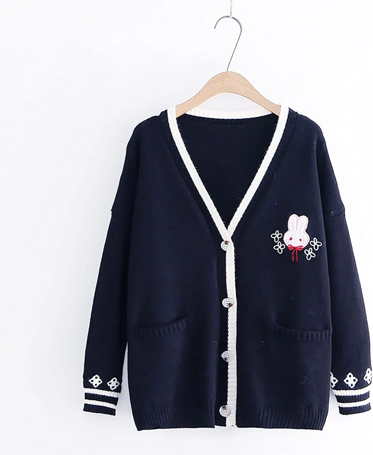CORIRESHA Cute Rabbit Embroidered Cardigan Sweater Patchwork Button Knit Outwear with Pockets