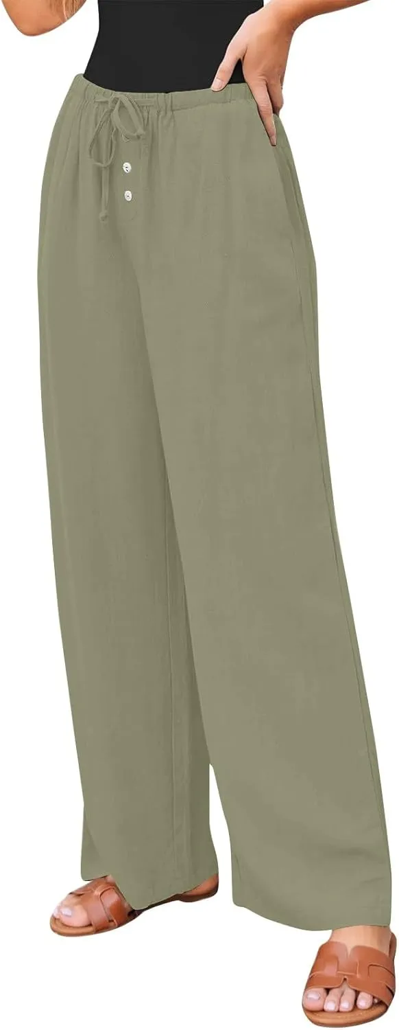 Cotton Linen Pants Women Summer Casual Loose Beach Pants Drawstring Flowy Wide Leg Palazzo Trousers with Pockets