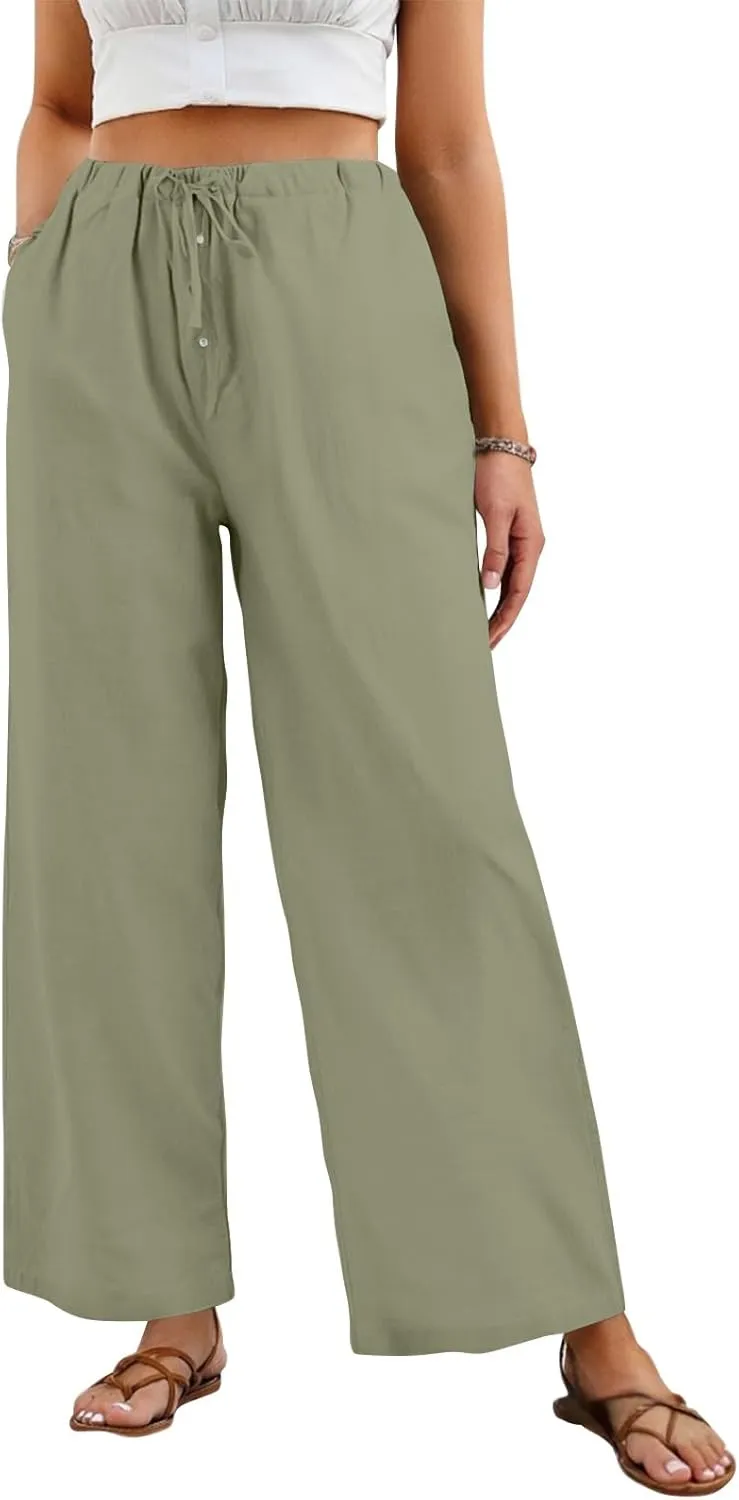 Cotton Linen Pants Women Summer Casual Loose Beach Pants Drawstring Flowy Wide Leg Palazzo Trousers with Pockets