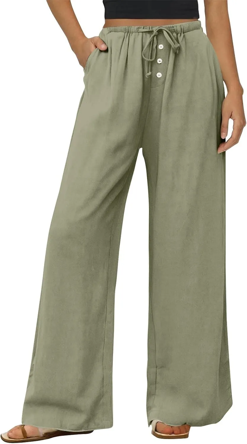 Cotton Linen Pants Women Summer Casual Loose Beach Pants Drawstring Flowy Wide Leg Palazzo Trousers with Pockets
