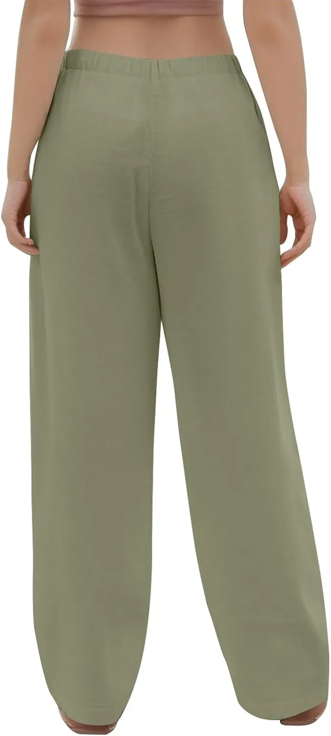 Cotton Linen Pants Women Summer Casual Loose Beach Pants Drawstring Flowy Wide Leg Palazzo Trousers with Pockets