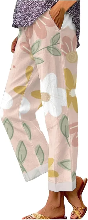Cotton Pants for Women 2025 Summer Drawstring Lightweight Elastic High Waist Linen Pants Straight Wide Leg Capris